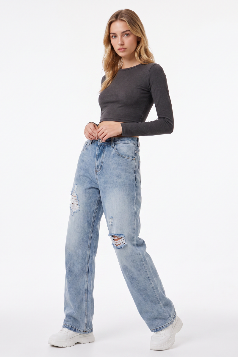 Women's High Waist Ripped Straight Leg Jeans