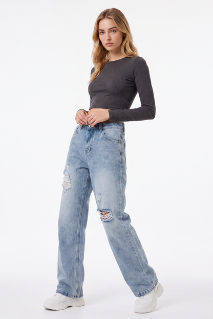Women's High Waist Ripped Straight Leg Jeans