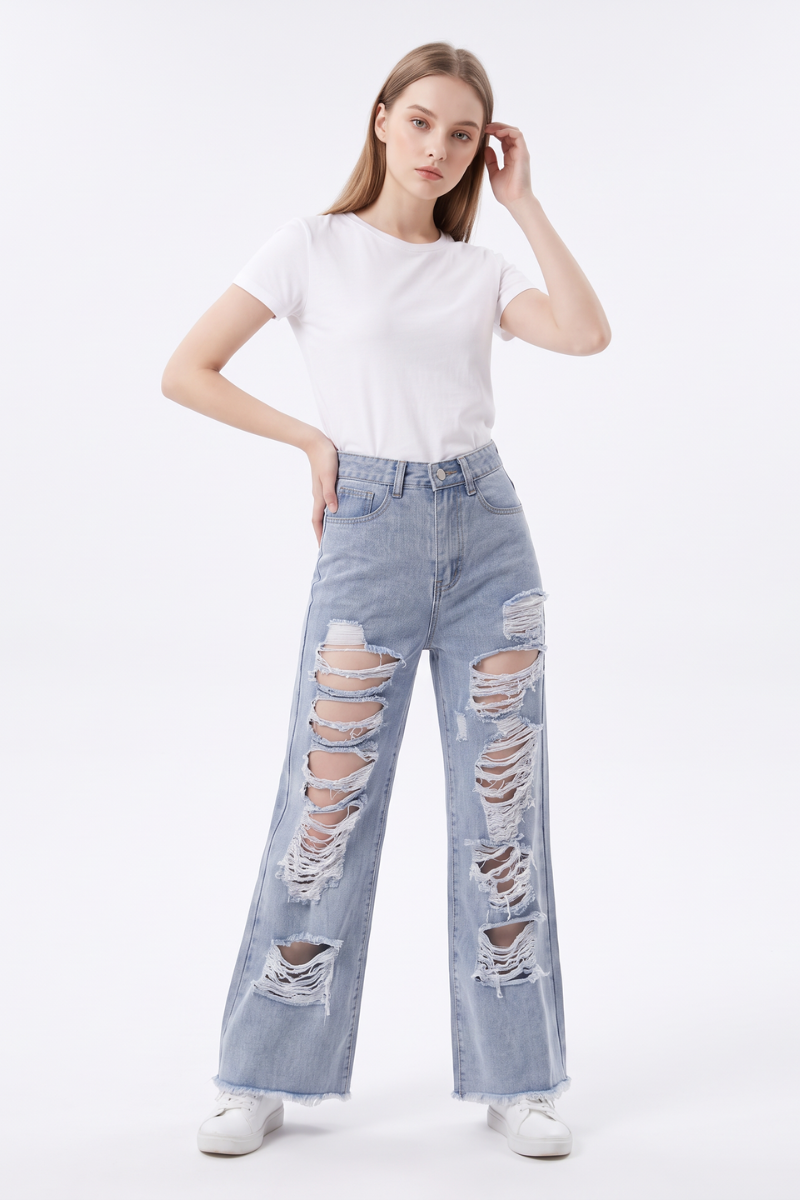 Women's High Waist Distressed Wide Leg Jeans