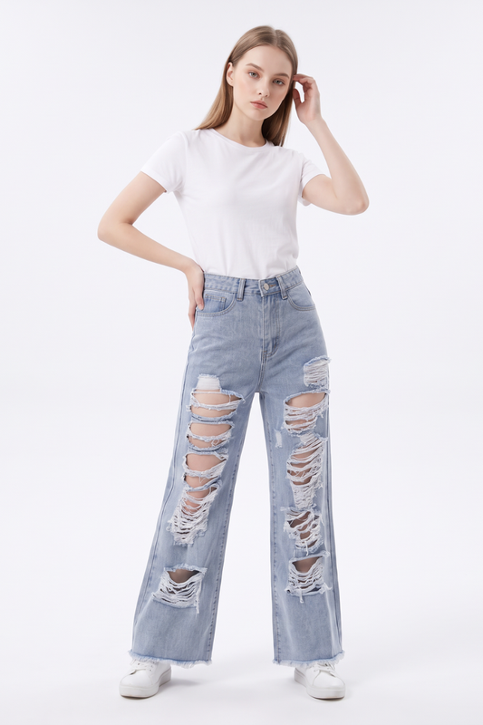 Women's High Waist Distressed Wide Leg Jeans