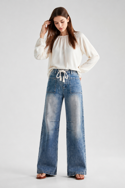 Women's High Waist Drawstring Wide Leg Jeans