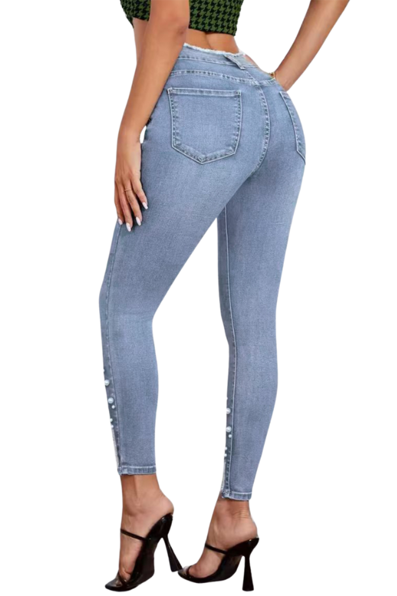 Women's High Waisted Pearl Embellished Skinny Jeans