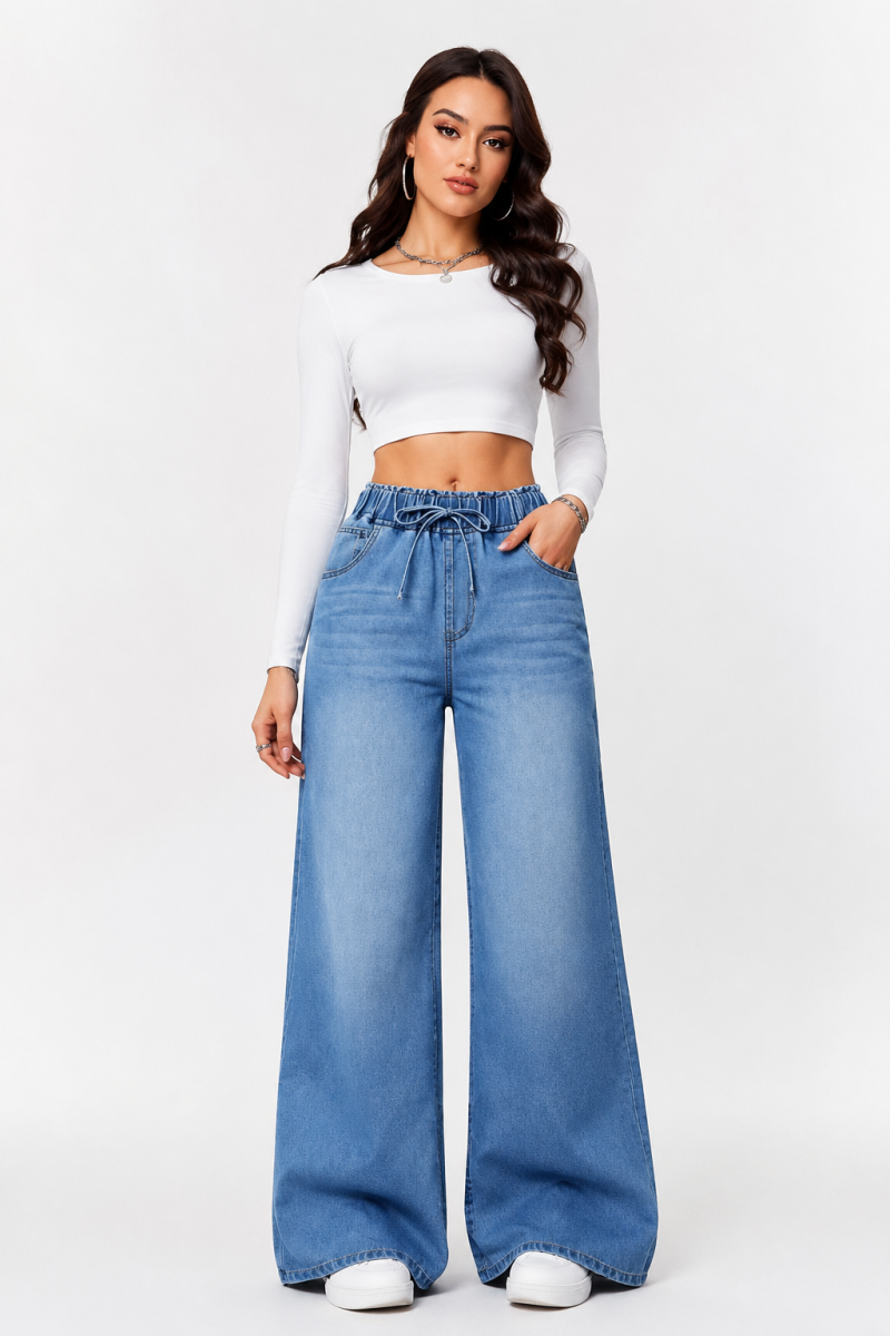 Women's Drawstring Elastic Waist Wide Leg Jeans