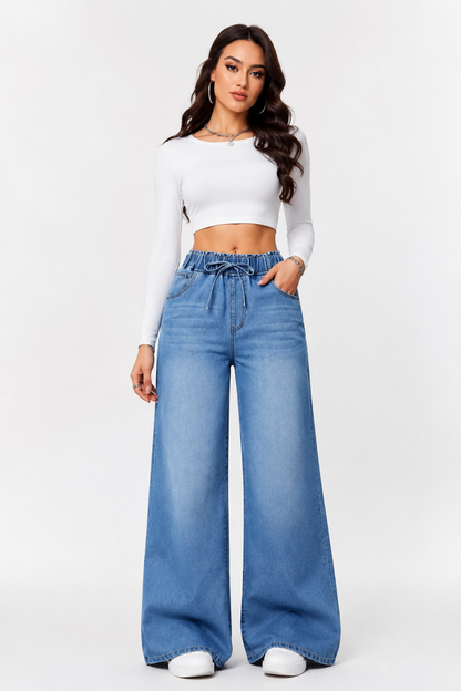 Women's Drawstring Elastic Waist Wide Leg Jeans