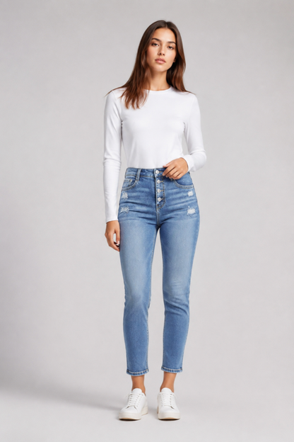 Women's High Waist Button Stretch Skinny Jeans