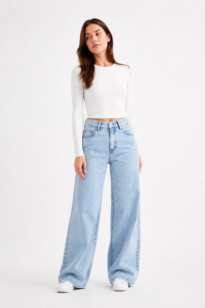 Women's High Waist Light Blue Straight Wide Leg Jeans