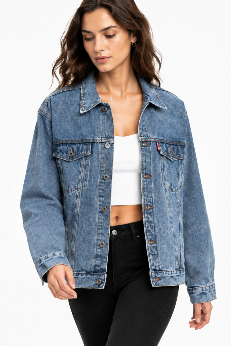 Women's Classic Blue Denim Jacket with Red Tag