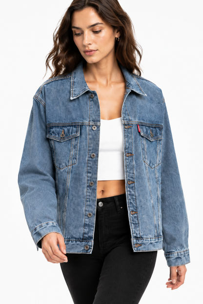 Women's Classic Blue Denim Jacket with Red Tag