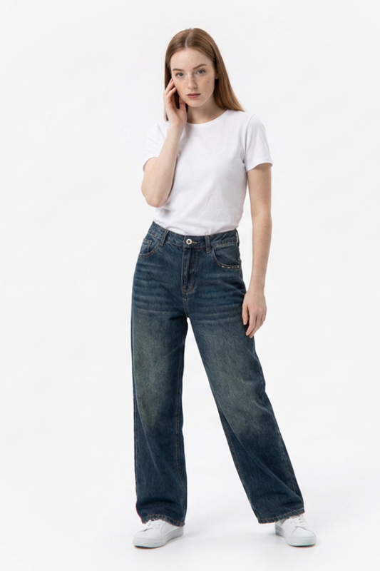 Women's Vintage Wash High Waist Loose Straight Leg Jeans