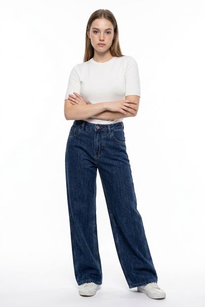 Women's Navy Blue Wash High Waist Straight Leg Jeans