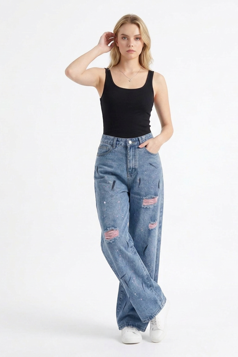 Women's High Waist Graffiti Ripped Wide Leg Jeans