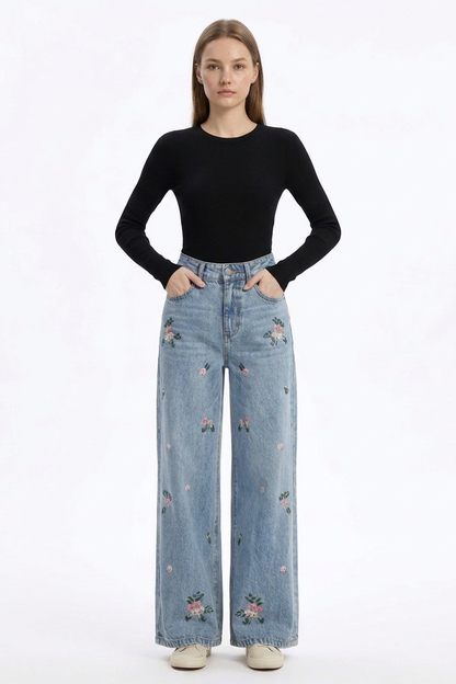 Women's Vintage Wash Embroidered High Waist Wide Leg Jeans