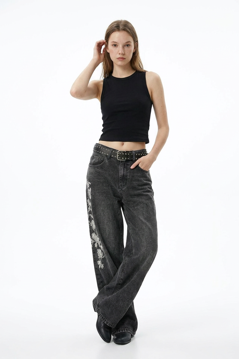 Women's Floral Embroidered High Waist Stretch Wide Leg Jeans