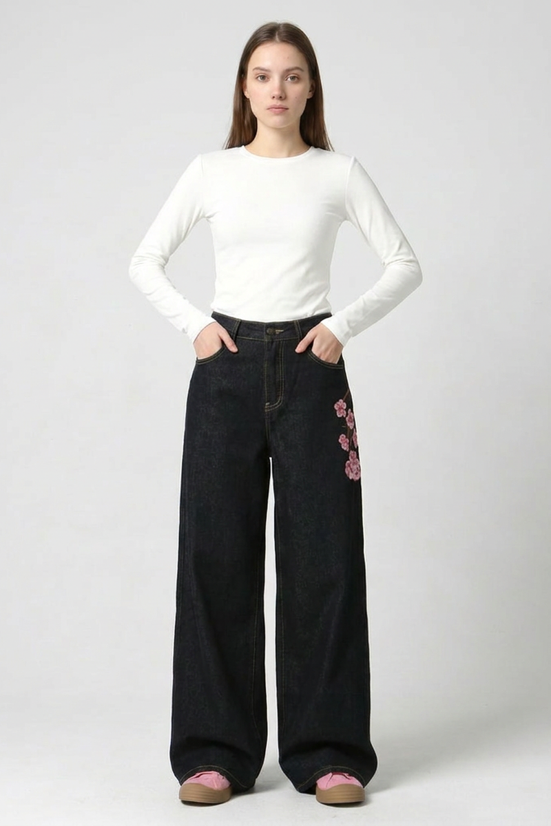 Women's Floral Embroidered High Waist Wide Leg Jeans