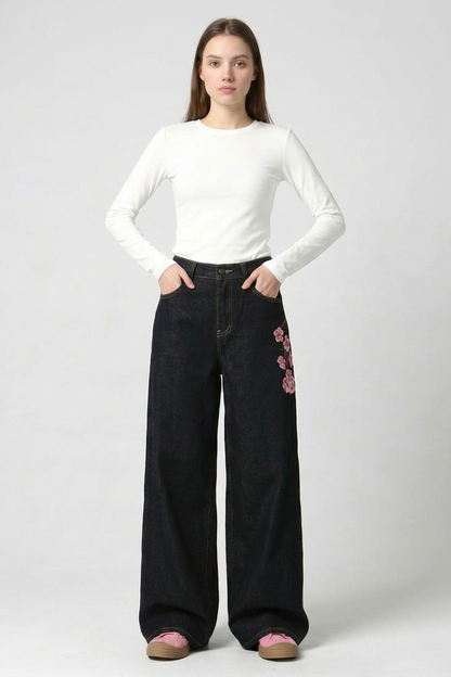 Women's Floral Embroidered High Waist Wide Leg Jeans