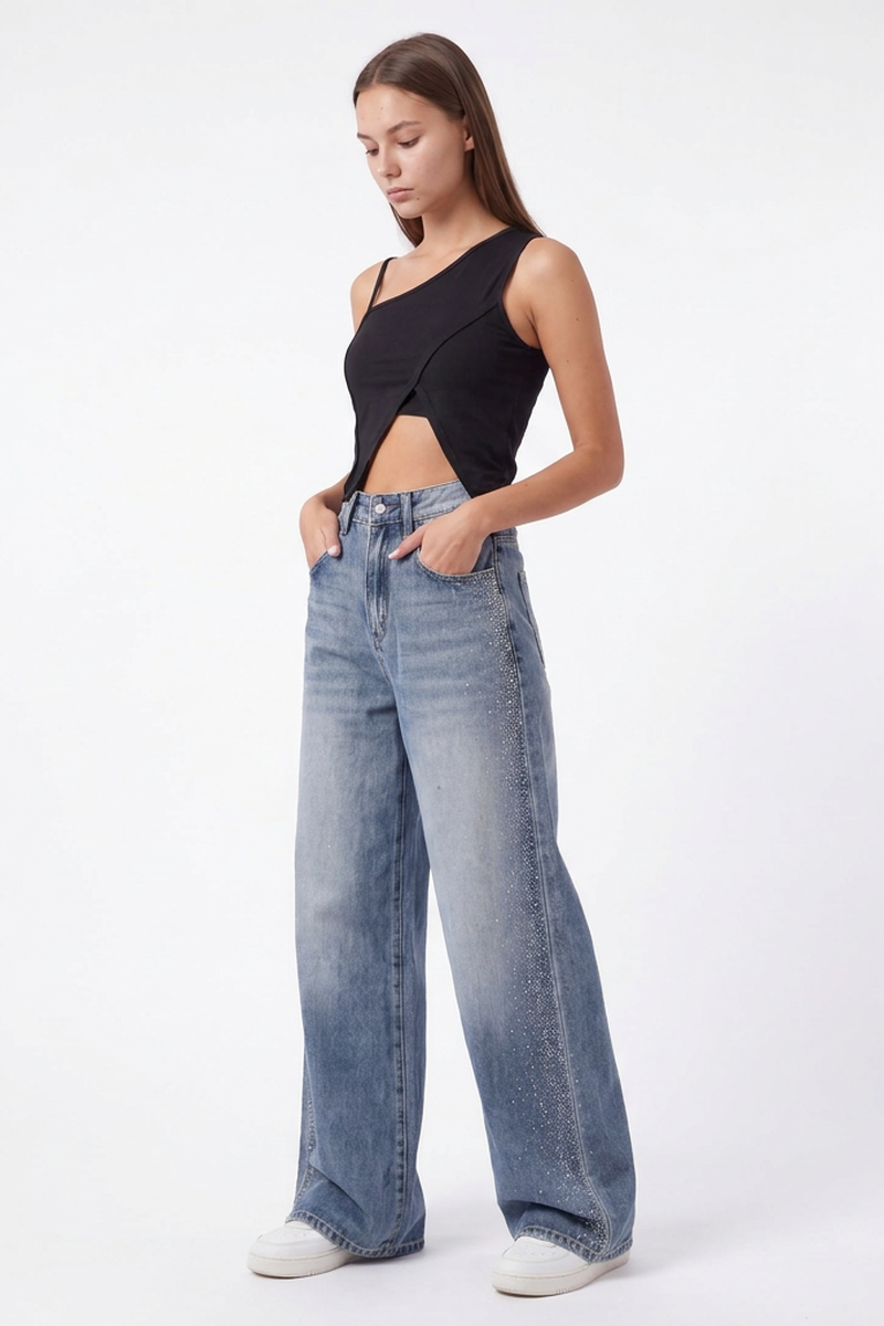 Women's Sparkly Diamante High Waist Stretch Wide Leg Jeans
