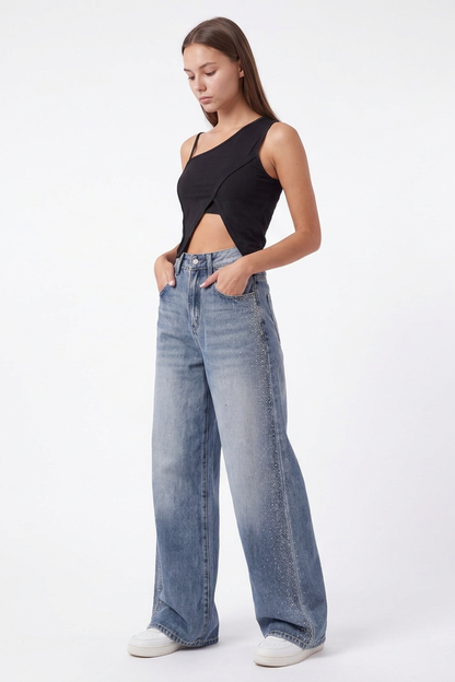 Women's Sparkly Diamante High Waist Stretch Wide Leg Jeans