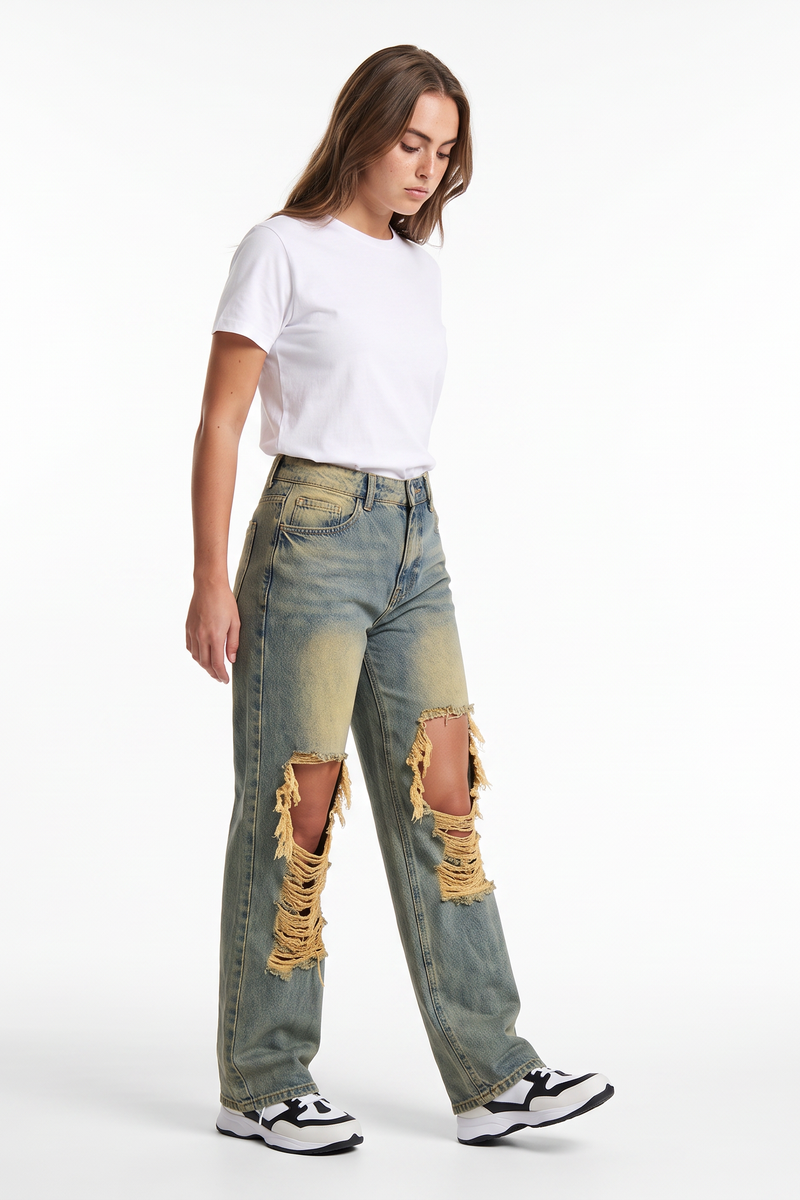 Women's High Waist Wide Leg Ripped Wide Leg Jeans