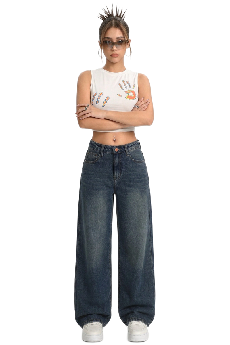 Women's Vintage Wash High Waist Loose Wide Leg Jeans