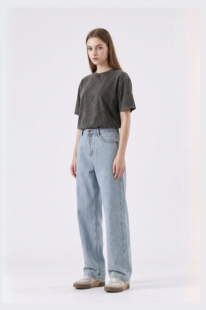 Women's Classic Bleach Wash High Waist Straight Leg Jeans
