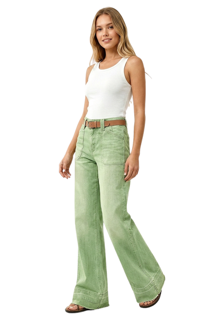 Women's Green Vintage Wash High-Waisted Wide-Leg Jeans