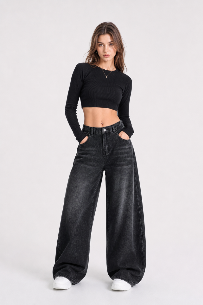 Women's high-rise wide-leg jeans with a half-elastic waist