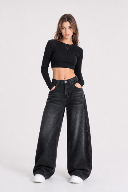 Women's high-rise wide-leg jeans with a half-elastic waist