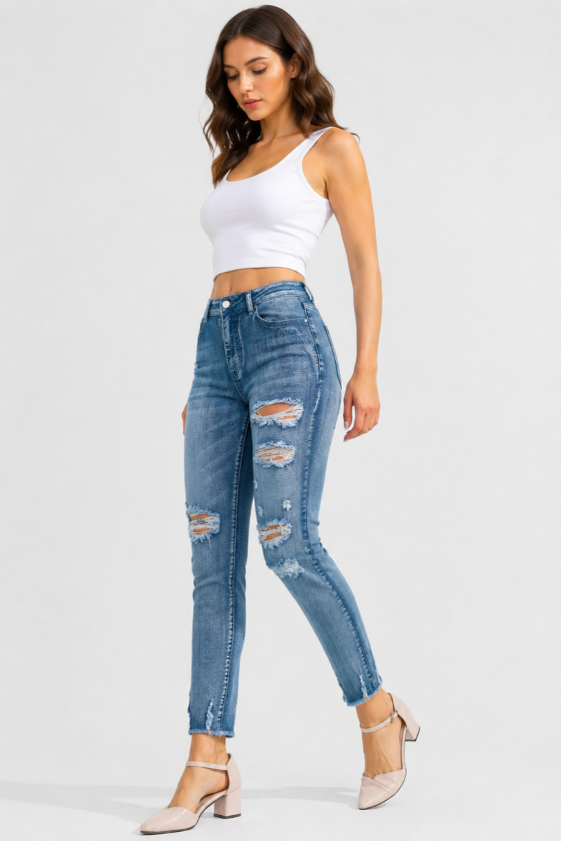 Women's High Waist Distressed Ripped Skinny Jeans