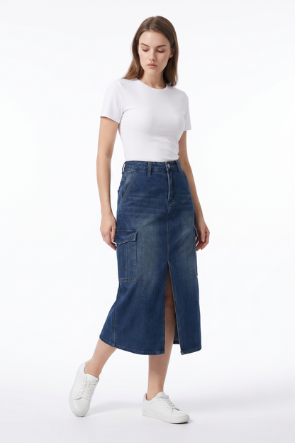 Women's High Waist Front Slit Denim Midi Skirt