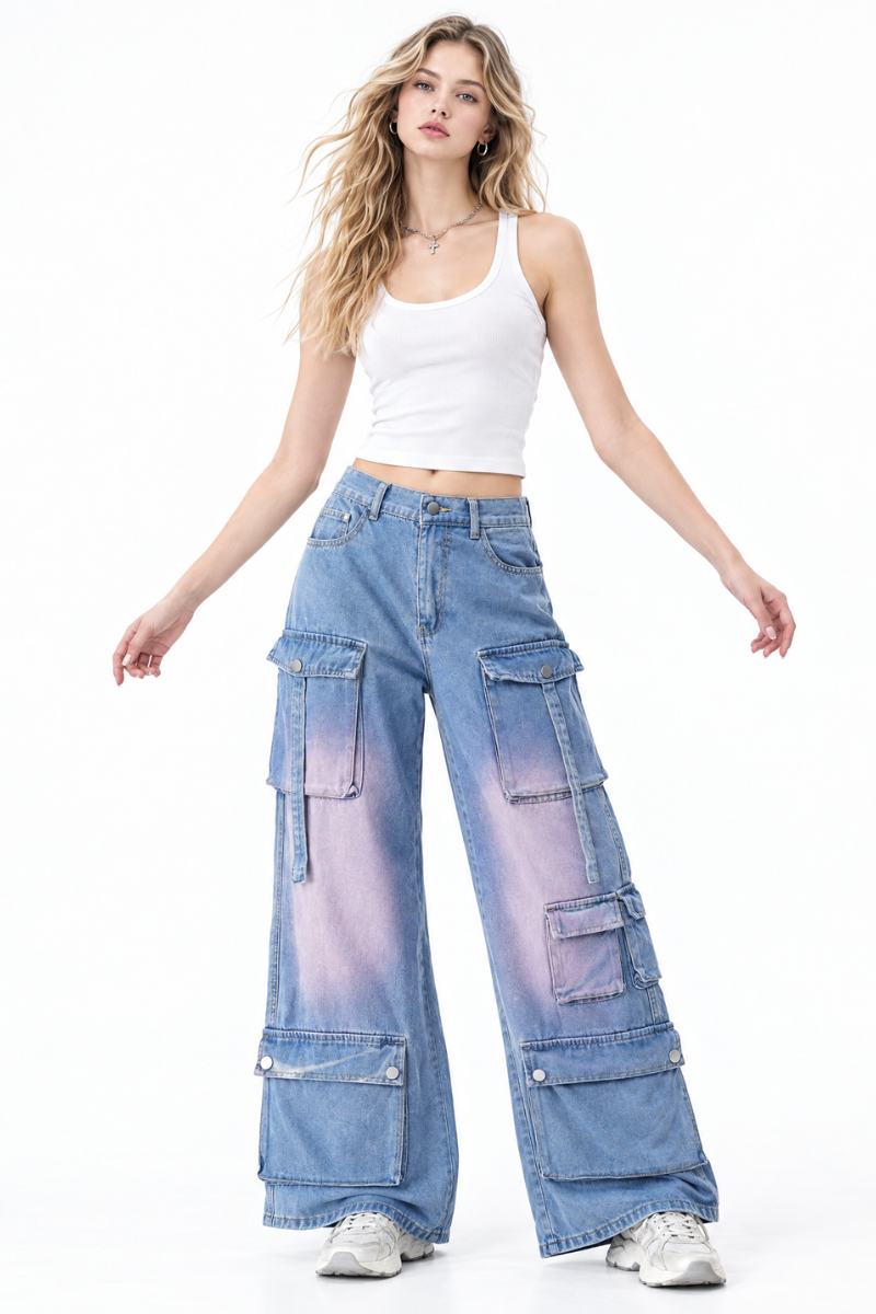 Women's Multi-Pocket High Waist Cargo Wide Leg Jeans