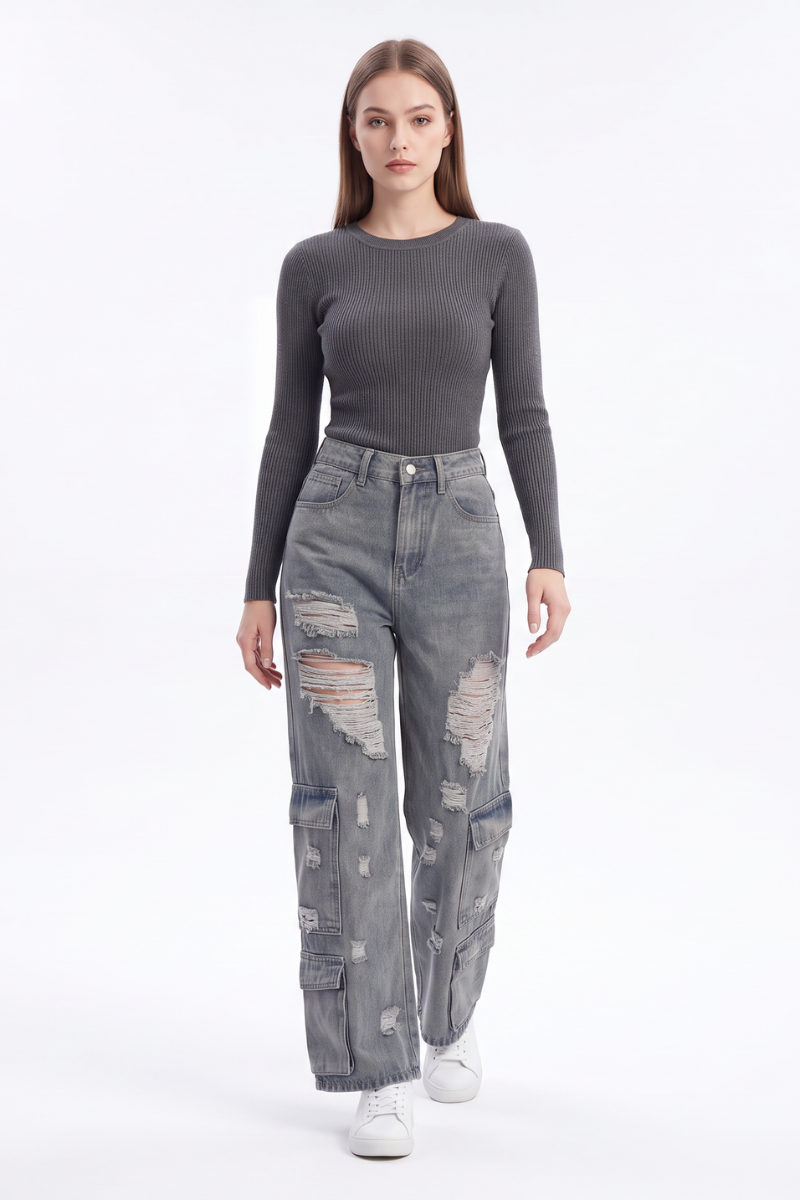 Women's Vintage High Waist Distressed Wide Leg Cargo Jeans