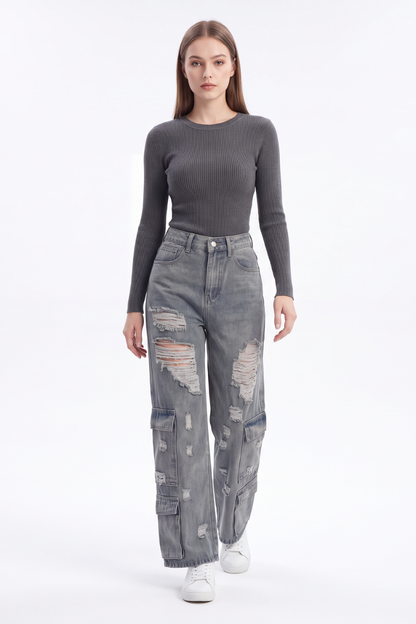 Women's Vintage High Waist Distressed Wide Leg Cargo Jeans
