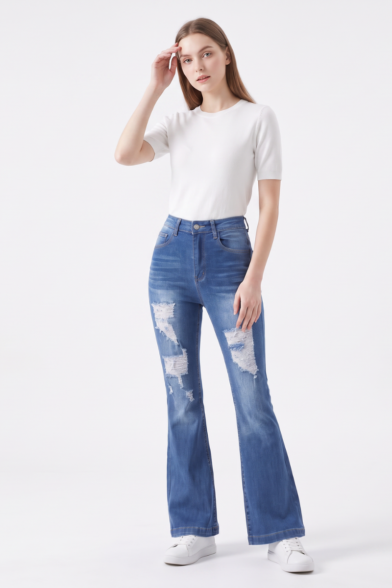 Women's High Waist Ripped Distressed Stretch Flare Jeans