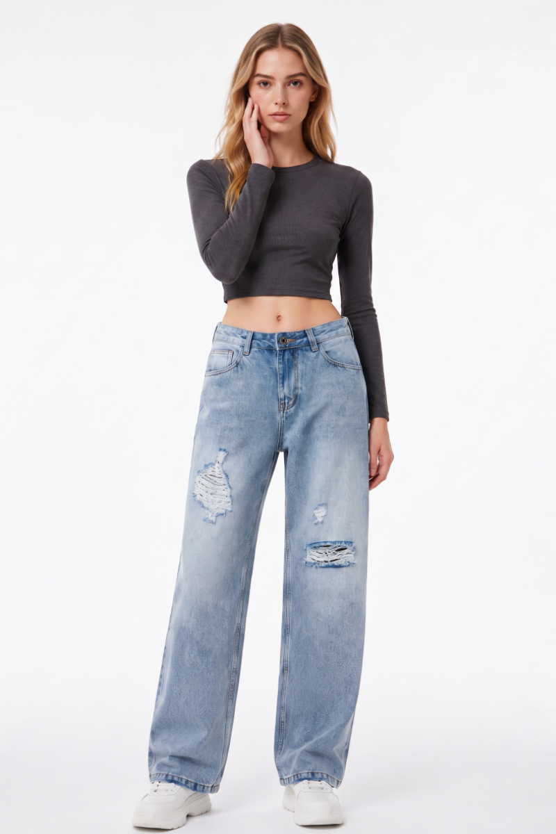 Women's High Waist Ripped Straight Leg Jeans