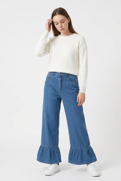Women's High Waist Ruffle Hem Wide Leg Jeans