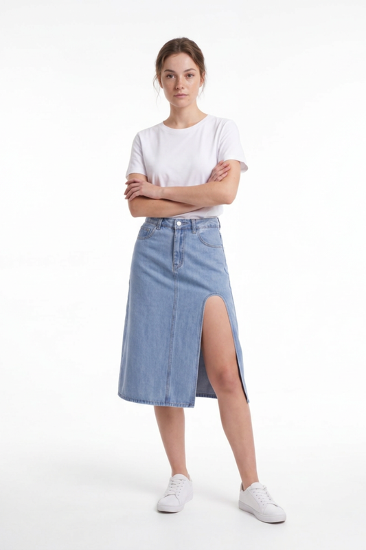 Women's High Waist A-Line Front Slit Denim Midi Skirt