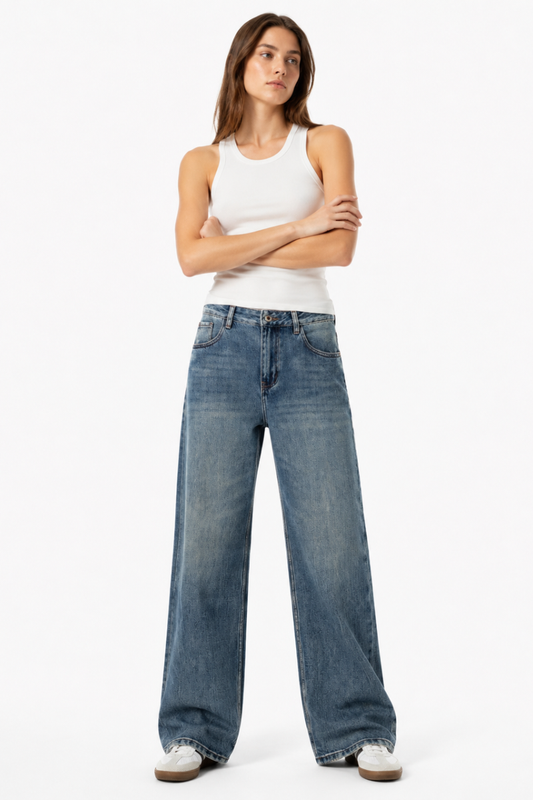 Women's 100% Cotton High Waist Wash Straight Leg Jeans