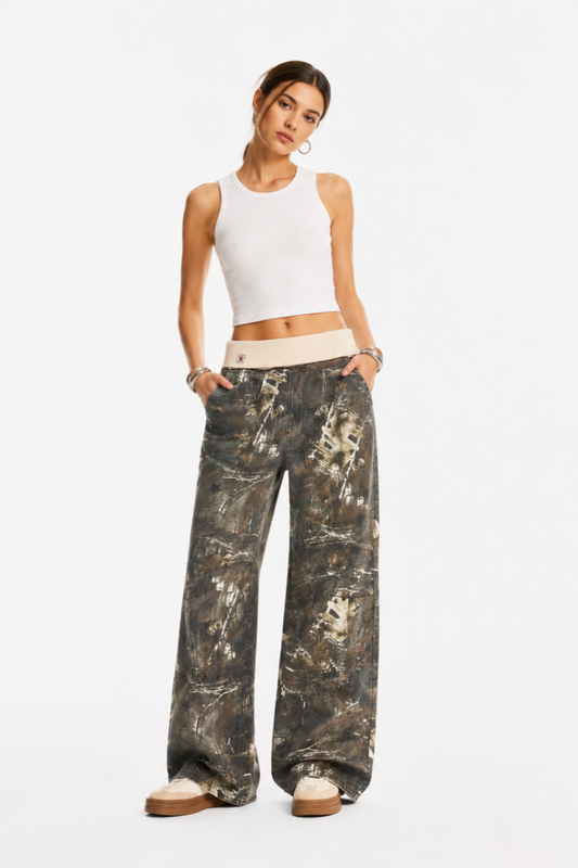 Women's Vintage High Waist Wash Camo Print Wide Leg Jeans