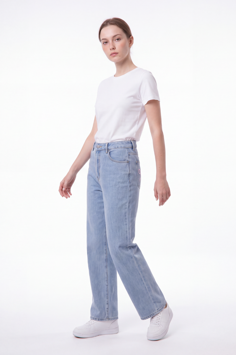 Women's Straight Leg Jeans with Pink Bow Embroidery