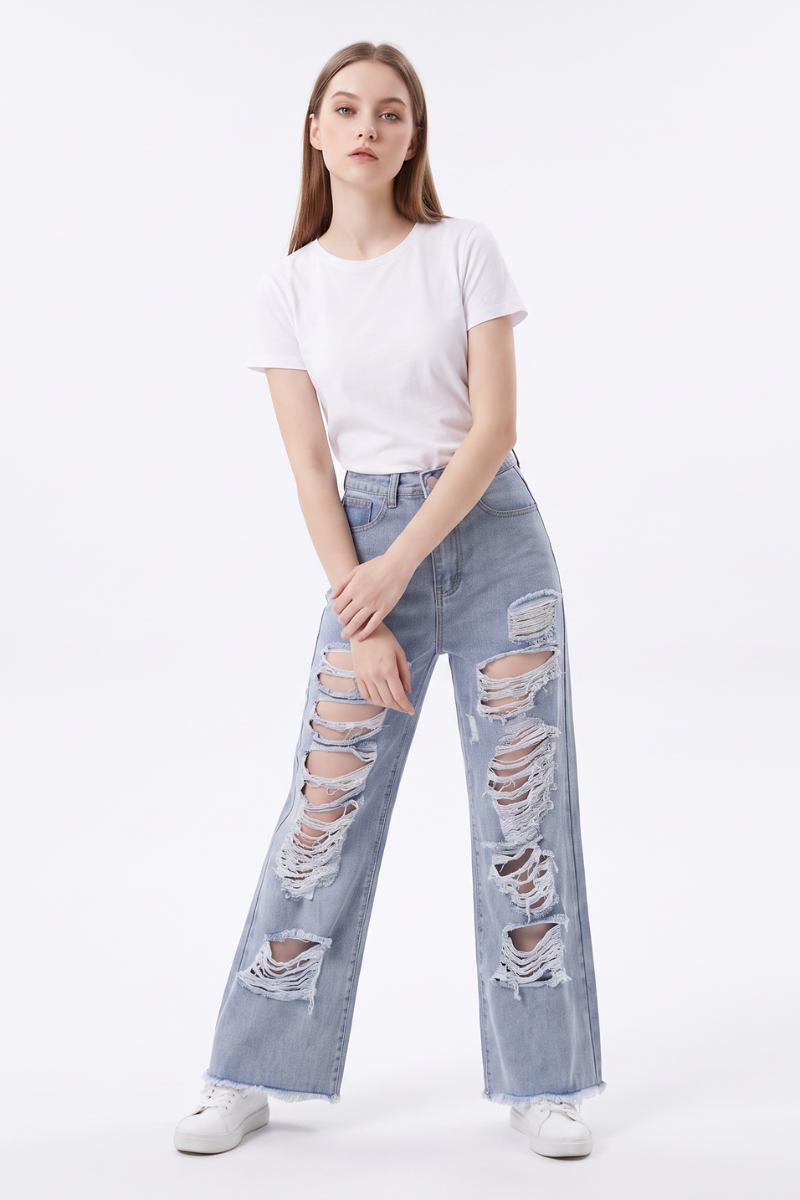 Women's High Waist Distressed Wide Leg Jeans