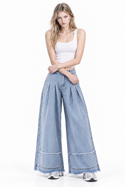 Women's High Waist Pleated Wide Leg Jeans
