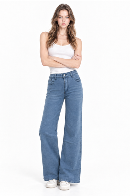 Women's High Waist Blue Stretch Wide Leg Jeans