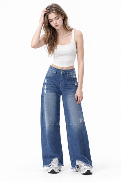 Women's High Waist Distressed Wide Leg Jeans