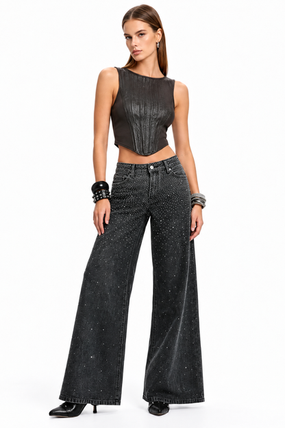 Women's Vintage Washed High Waist Rhinestone Wide Leg Jeans