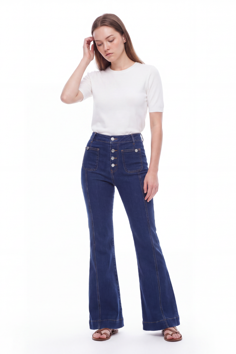 Women's High Waist Button Fly Stretch Flare Jeans