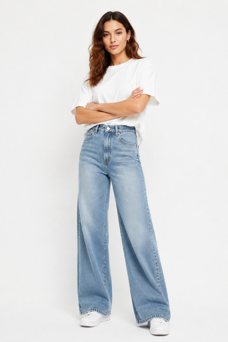 Women's High Waist Blue Stretch Wide Leg Jeans