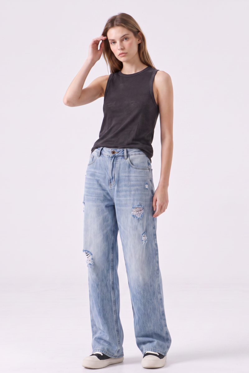Women's High Waist Ripped Wide Leg Jeans