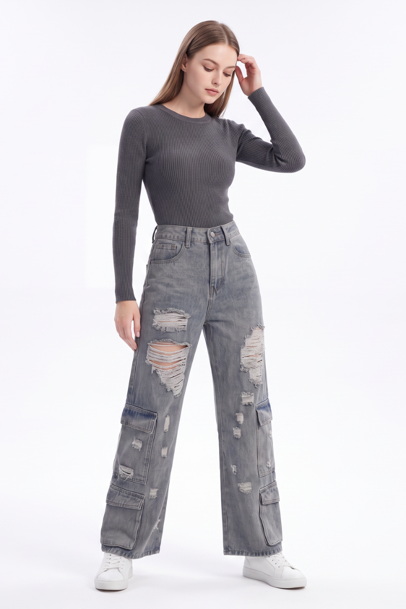 Women's Vintage High Waist Distressed Wide Leg Cargo Jeans