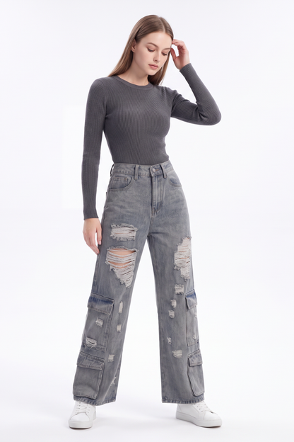 Women's Vintage High Waist Distressed Wide Leg Cargo Jeans