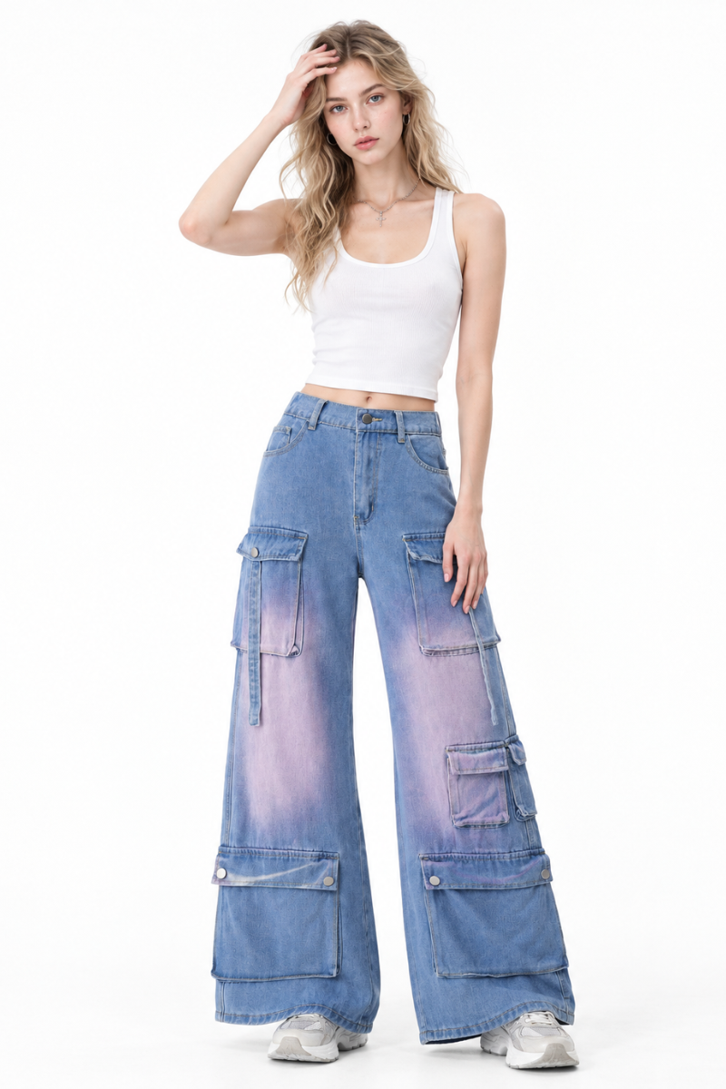 Women's Multi-Pocket High Waist Cargo Wide Leg Jeans